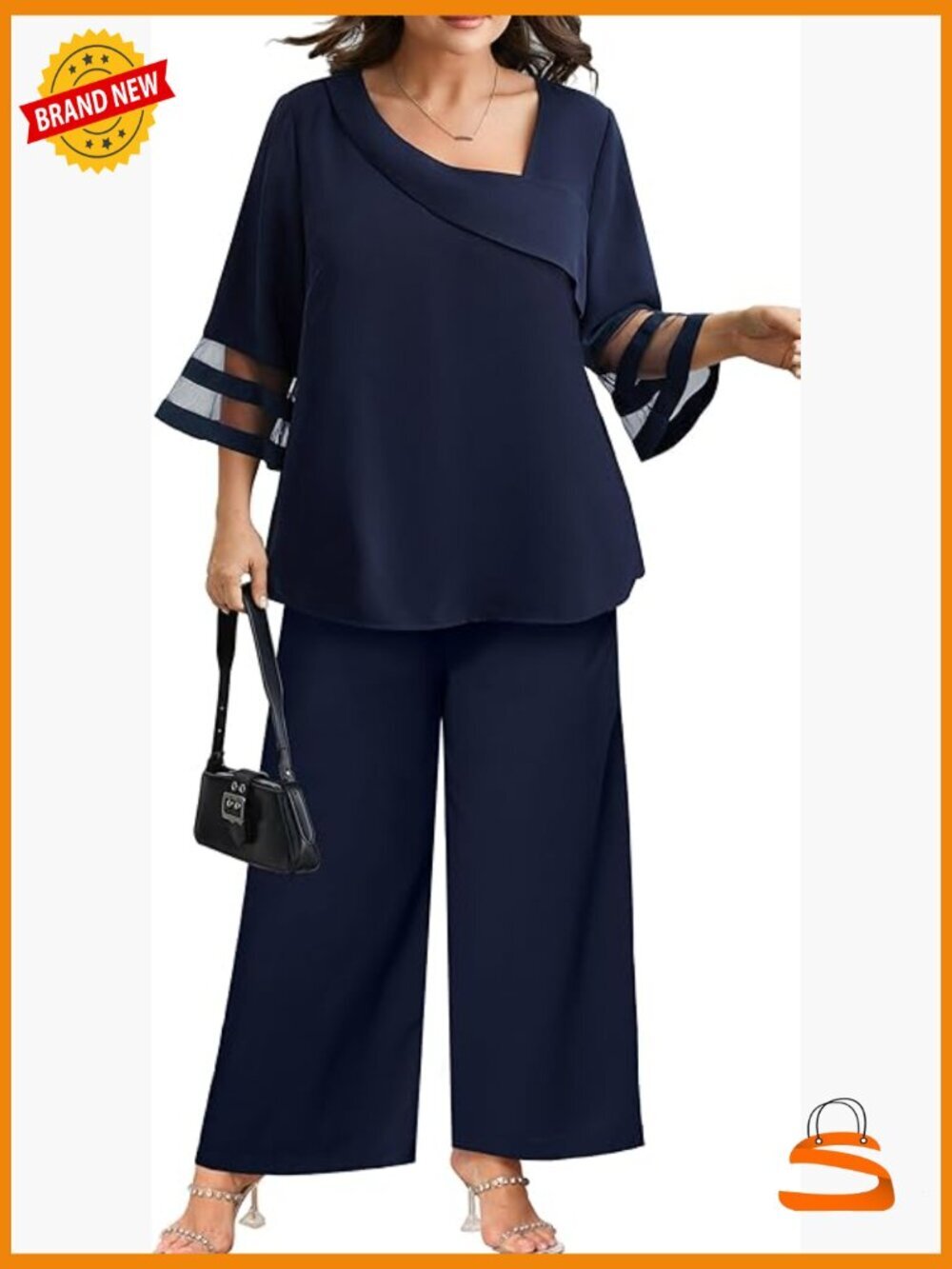 Plus Size 2 Piece Pantsuit Set Bell Sleeve Mesh Panel Dressy Evening Outfit